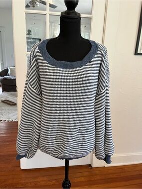 SHEIN Blue and White Striped Scoop-Neck Knit Sweater